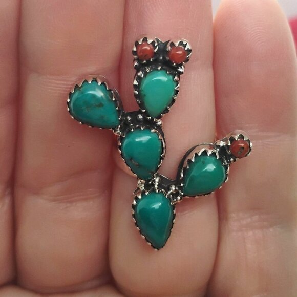 Southwest Sterling Silver Prickly Pear Cactus Ring w/Turquoise & Coral Size 6 - Picture 3 of 7